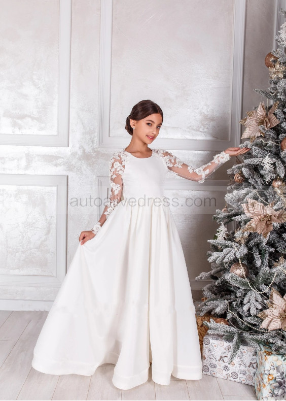 Long Sleeves Ivory Lace Satin Beaded Flower Girl Dress